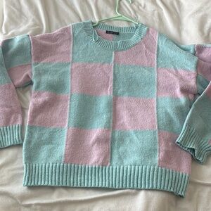 Very J Pastel Checkerboard Crewneck Sweater - Mint & Light Pink